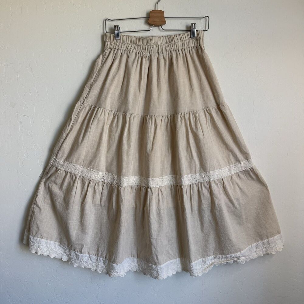Beige Tiered Midi Skirt with Lace Trim